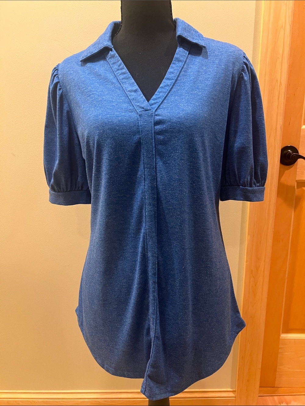 Women's Summer V Neck Puff Short Sleeve Blue Shirt Tunic Blouse Tops Med